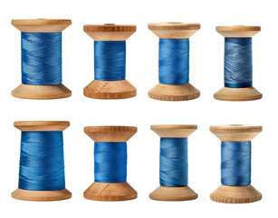 Collection of blue sewing thread spools on a white isolate background.