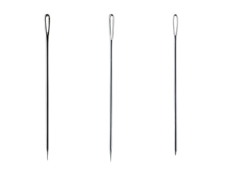 Three metallic sewing needles on a white isolated background.