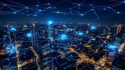 Cityscape at Night with Interconnected Network of Lights