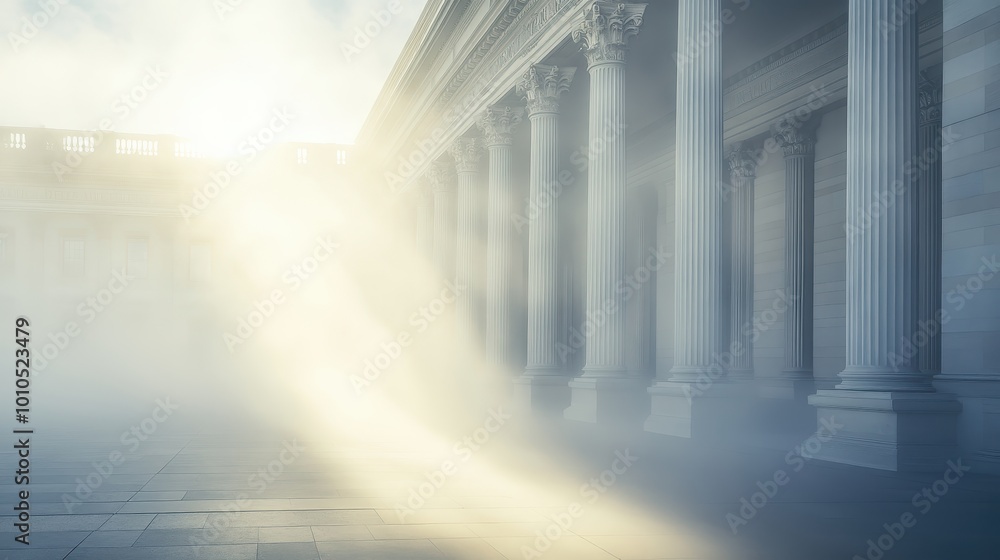 Poster a serene architectural scene with soft light and mist illuminating classical columns.