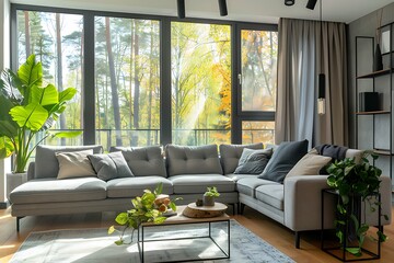 Beautiful living room interior with cozy grey sofas, coffee table and big window