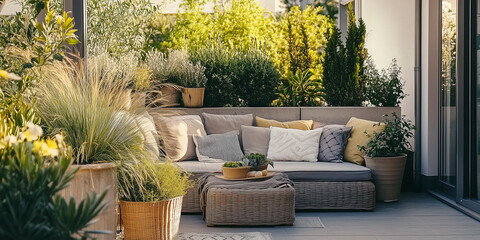 Fototapeta premium Schöne Terrasse mit Sitzecke und Kissen auf der Couch und Blumentöpfen. Sommerliches Licht. Im Hintergrund eine Sichtschutzwand. Helles Holz