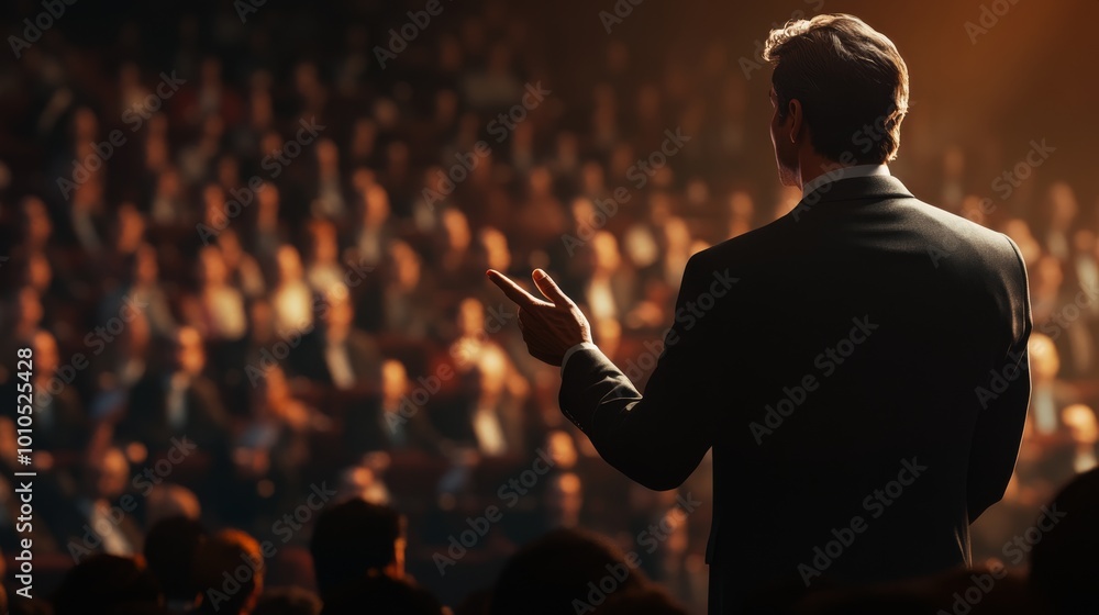 Poster a speaker addresses a captivated audience from the stage, illuminated by warm light, creating a dyna