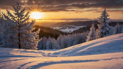 winter landscape at sunset, snowy road