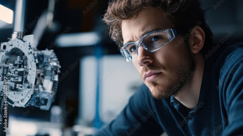 Poster a focused individual wearing glasses studies a complex mechanical component in a dimly lit workshop,