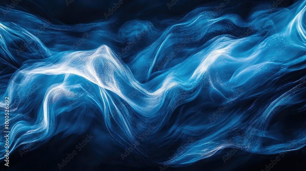 Poster vibrant blue abstract wave patterns flowing across the horizontal frame, creating a dynamic backgrou