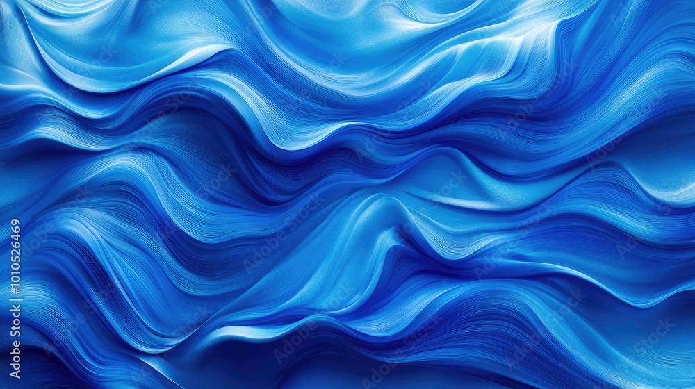 Poster vibrant blue abstract wave patterns in a horizontal layout, creating a smooth flowing background