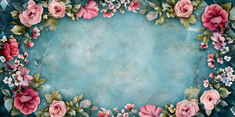 Alice in Wonderland themed watercolor floral frame on grunge diamond Victorian background, watercolor, floral