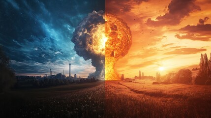 Fototapeta premium A conceptual illustration of the duality of nuclear fission, showcasing its potential for both energy production and destruction.