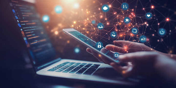 Abstraktes digitales Konzept der Gesch&auml;ftstechnologie mit in der Hand gehaltenem Mobiltelefon, Tablet und Laptop, auf dem Social-Media-Symbole  angezeigt werden. IoT-Smart-Home