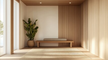 Fototapeta premium Wooden entrance hallway with a warm tone, featuring minimal decor elements, a modern bench, and a neutral rug for a cozy touch