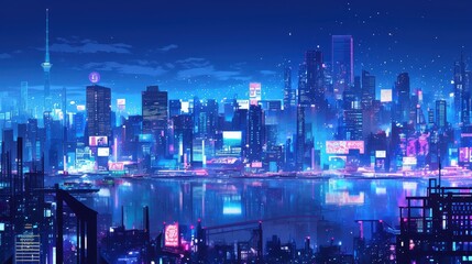 Obraz premium Illustration of Night cityscape with skyscrapers and neon lights. Anime style