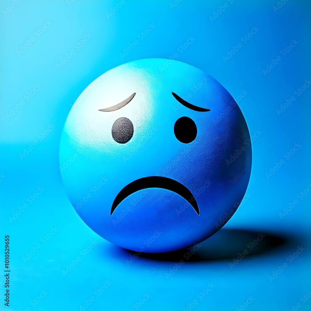 Wall mural Blue Monday concept. Sad emoji face on light blue background