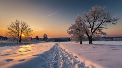 winter landscape at sunset, snowy road
