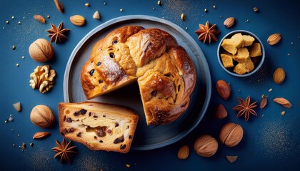 Christmas Panettone with nuts top view