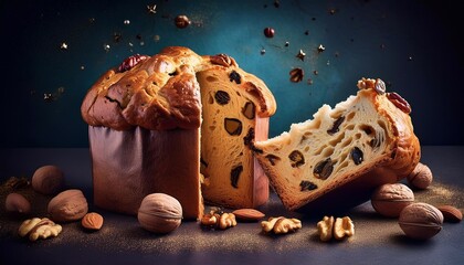 Christmas Panettone with nuts top view