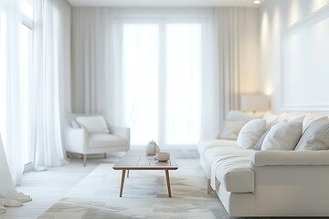 Blurred view of light living room interior with white sofa, coffee table and armchair