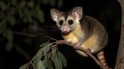 Fototapeta premium Close Up Portrait of a Cute Opossum in a Tree at Night