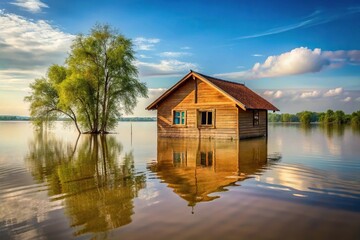 Fototapeta premium Flooded wooden house reflecting in water