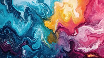 Abstract marbled acrylic paint ink liquid painted waves painting texture colorful background banner - Bold colors, rainbow color swirls wave acrylic oil color