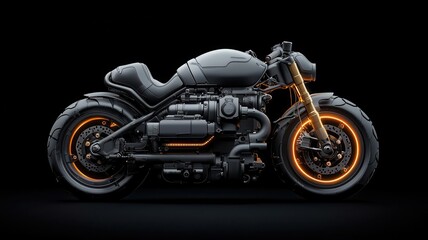 Innovative motorcycle engine with a neonlit design, featuring energyefficient components and sleek futuristic details