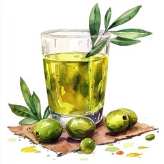 Watercolor style olive juice, artistic representation, isolated on white background for stunning visuals and creativity.