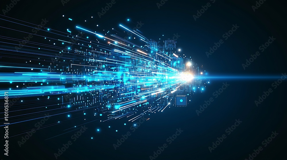 Aufkleber Abstract digital data stream flowing through dark cyberspace with a bright light at the end.