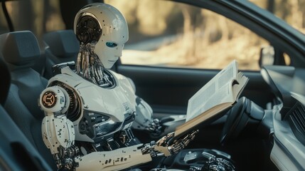 Fototapeta premium Robotic intellect absorbed in book within a car