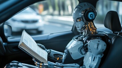 Fototapeta premium Robotic figure deeply engaged in a book.