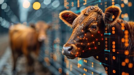 A digitally enhanced image of a cow, highlighting agricultural technology with binary code patterns in a farm setting