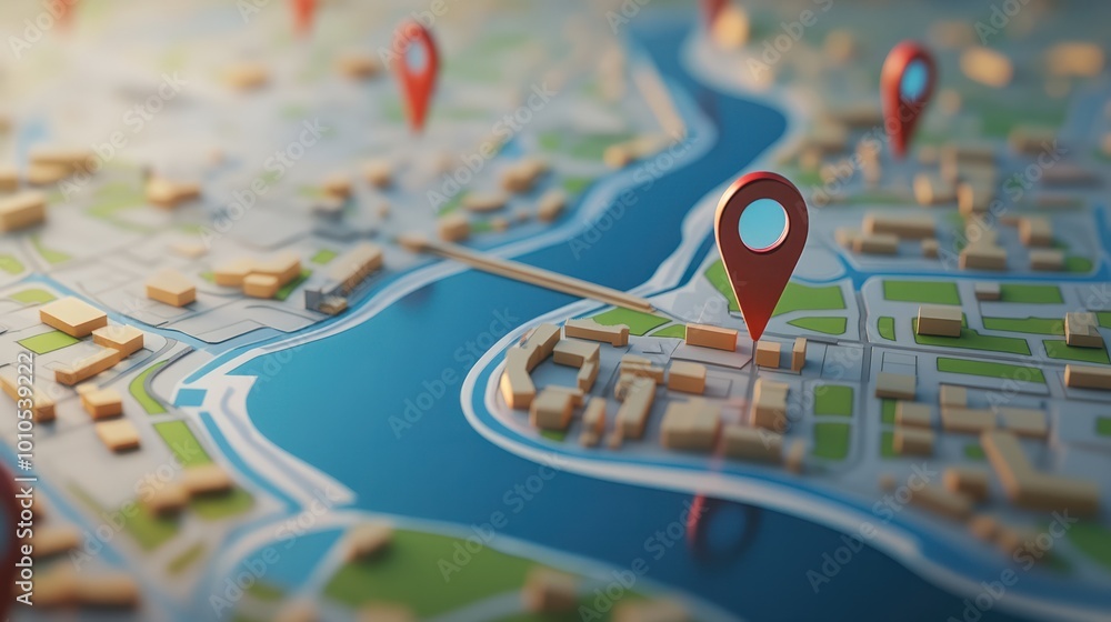 Poster digital hand set location on map with. pins. ai technology in gps