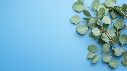 Fresh Green Leaves on Blue Background