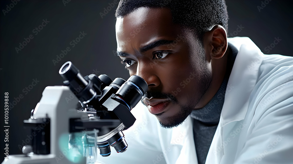 Poster scientist looking through microscope in lab