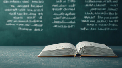 open book rests on wooden desk in front of chalkboard filled with equations, creating academic atmosphere. scene evokes sense of learning and exploration