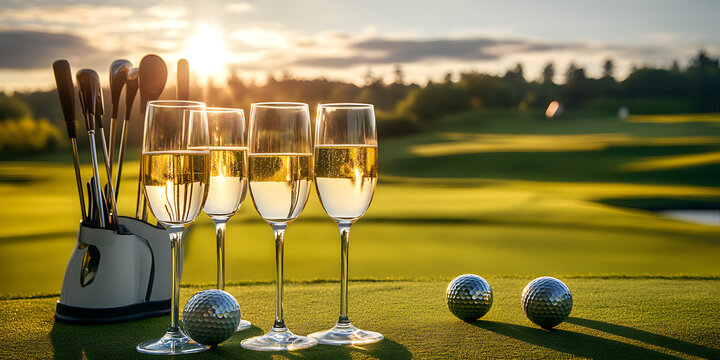 Five glasses of champagne on a golf course with various golf equipments, champagne, golf, glasses, celebration, luxury, green, course