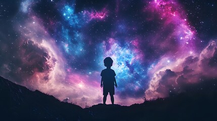 Fototapeta premium A silhouette of a child standing under a vibrant cosmic sky filled with stars and colorful nebula, symbolizing wonder and imagination.