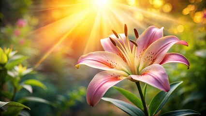 Fototapeta premium Flower lily in a vibrant flower garden illuminated by sunlight with shallow depth of field