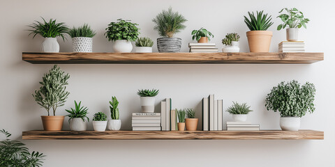 Eine skandinavisch inspirierte weiße Wand mit schwebenden Holzregalen, auf denen eine Vielzahl von Topfpflanzen und Büchern stehen, schafft eine ruhige und gemütliche Atmosphäre.