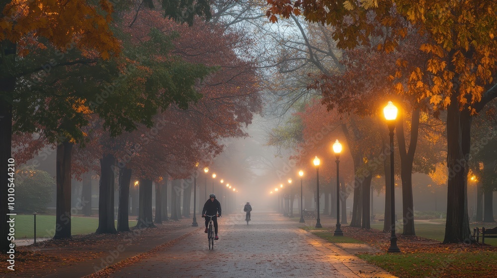 Poster a serene foggy path lined with trees and streetlights, featuring cyclists enjoying the autumn scener