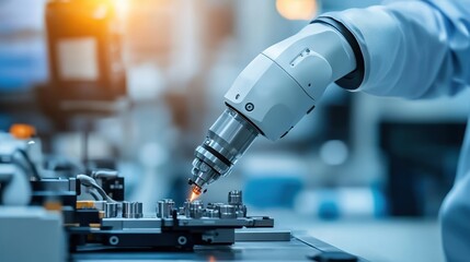 Robot arm assembling component in a modern factory setting.