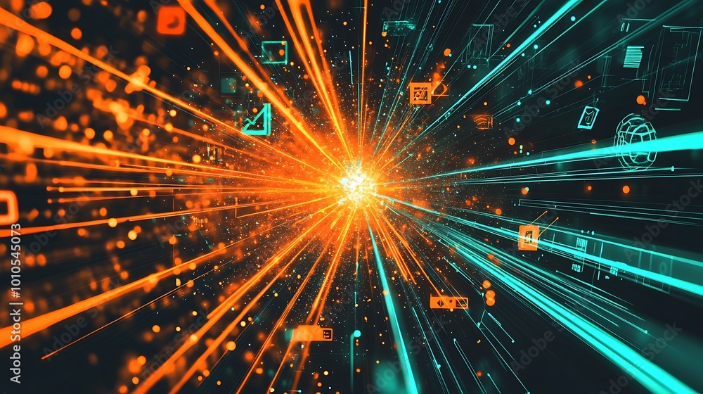 Poster Abstract digital data stream flowing through cyberspace with futuristic light streaks and particles.