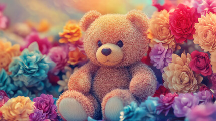 Obraz premium Cute little bear 3D 3D flowers on a colorful background