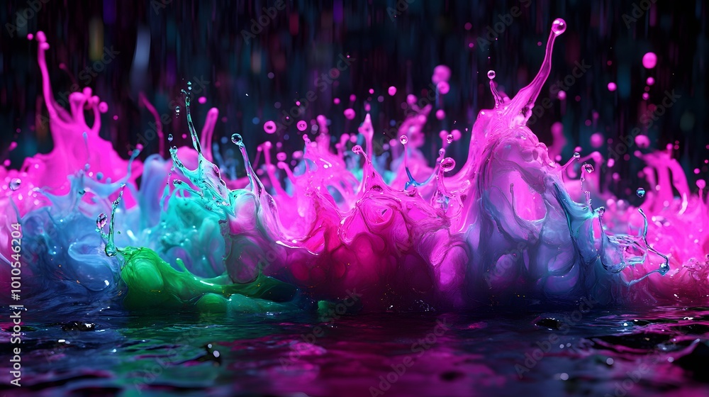 Poster a close-up shot of vibrant neon water splashing with colorful bokeh lights in the background, creati