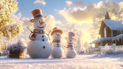 Obraz premium A snowman family with hats and scarves standing proudly in a snowy yard