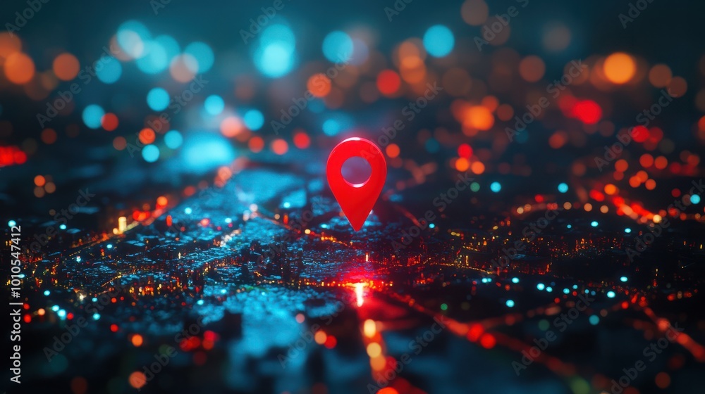 Poster navigational search engine optimization maps red marker on city lights background (generative ai)