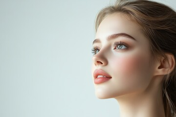 Naklejka premium A young woman with flawless skin and blue eyes looks up and to the side, her expression soft and serene.