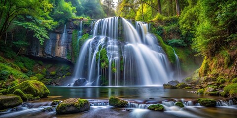 Fototapeta premium Flowing waterfall in deep forest mountain taken in low shutter speed Depth of Field