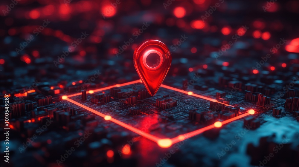 Aufkleber red map pin in cityscape and network connection, indicating the city destination on the map and conn
