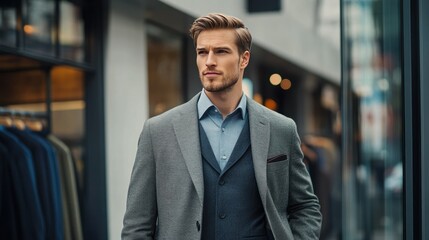 Fototapeta premium A man in a grey suit and blue shirt standing in front of a storefront