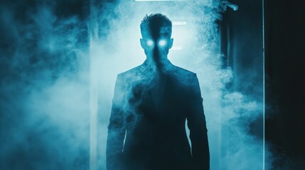 Fototapeta premium Mysterious figure with glowing eyes in the smoke.